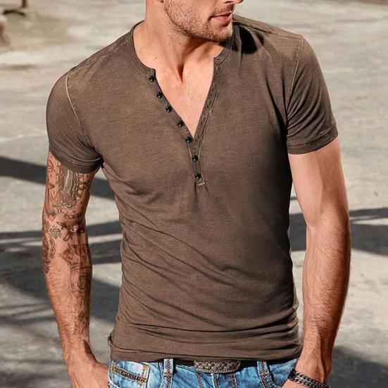 V-Neck Short Sleeve Buttons Half Placket Thin Men T-shirt Summer Solid Color Slim Fit Sport Top Streetwear