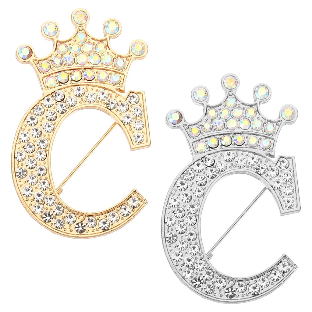 2pcs Letter Brooch Pins Crown Initial Rhinestone Alphabet A-W Letter Lapel Badges Pin for Women Suits Dress Coat Clothes Craft