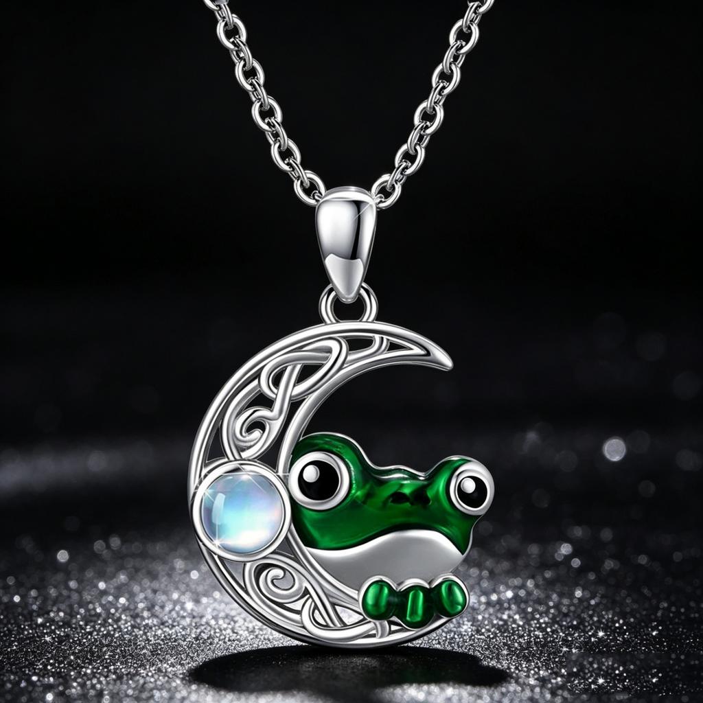 Cute Animal Female Moonstone Green Frog Skeleton Moon Pendant Necklace Silver Color Wedding Jewelry For Women