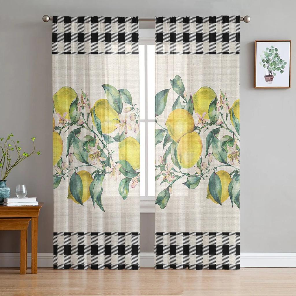 Idyllic Summer Fresh Lemon Plaid Sheer Window Curtains For Living Room Kitchen Children Bedroom Voile Hanging Curtain