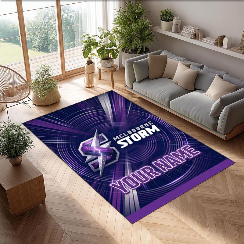Melbourne Storm Crystal Velvet Rug, Custom Name Text Personalized Non‑Slip Floor Mat for Home Decor Gift