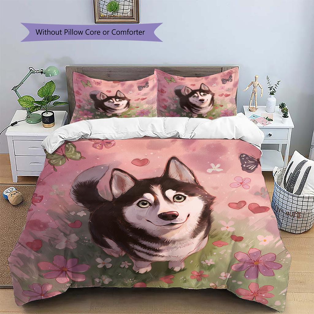 Cartoon Husky Muster Bettwäsche Heimdekoration Geburtstagsgeschenk (1 Bettbezug + 2 Kissenbezüge, ohne Füllung)
