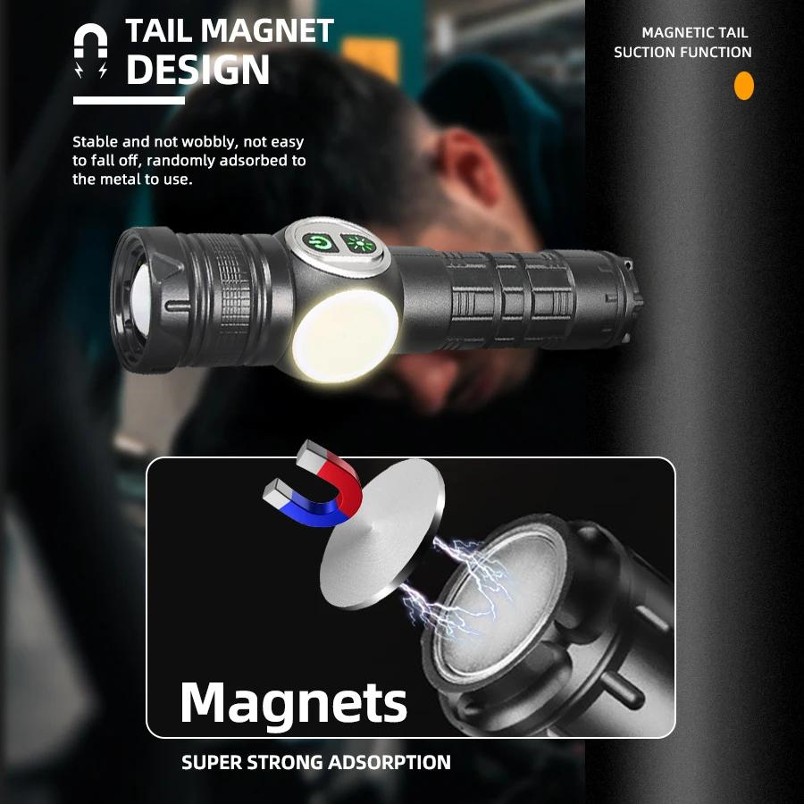 COB LED Flashlight Rechargeable Torch 7 Mode Zoomable Magnetic Lantern with Side Light Outdoor Camping Fishing Emergency Lamp