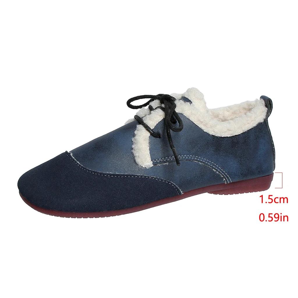Fashion Winter Lace Up Women's Flats 2025 Casual Warm Moccasin Shoes Women Cow Suede Patchwork Round Toe Short Plush Ladies Flat Shoes