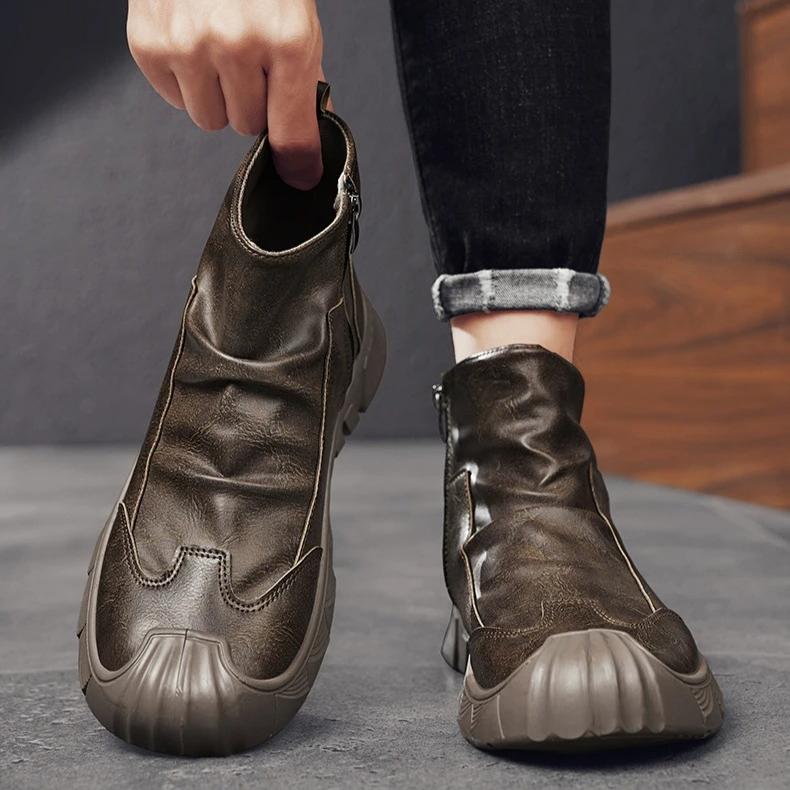 2026 New Autumn Winter Men High Top Boots Non Slip Comfort Thick Soled Wear-resistant Fashion Leather Ankle Boots Zapatos Hombre