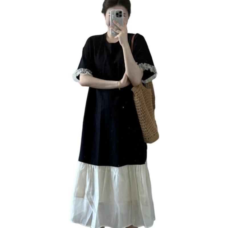 Loose and slightly fat, covering the meat and showing thinness, long dress for women's summer new black long knee T-shirt skirt