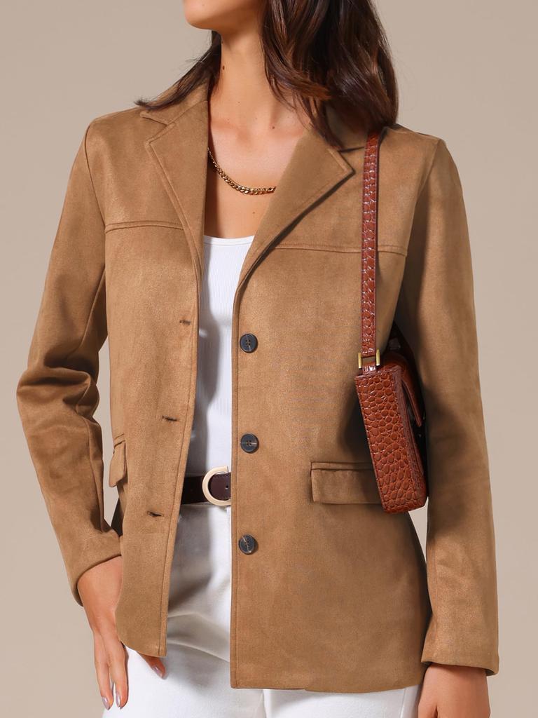 Allegra K Women's Faux Suede Blazer Jacket, Vintage Casual Button-Down Long Sleeve Blazer with Pockets, Brown, Size L