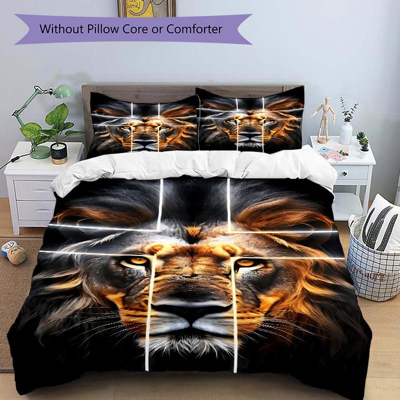 3pcs Lion Face Bedding Set - 1 Duvet Cover + 2 Pillowcases(Core Not Included), Machine Washable Polyester Yy251216130