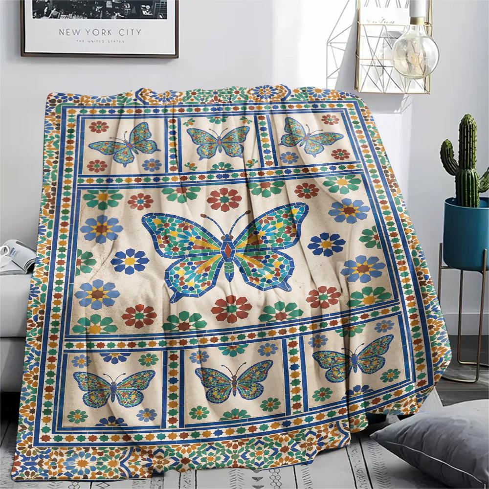 Moroccan Butterfly Print Flannel Blanket, High Quality Comfortable for All Seasons, Home Decor, Warmth and Comfort, Perfect for Christmas Gifts79