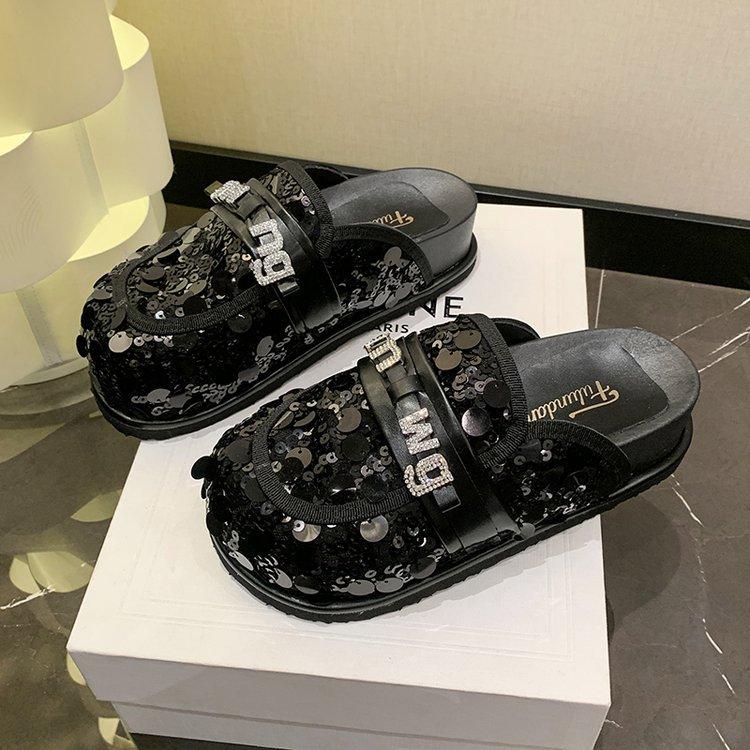 Doll Head Sequined Bag Head Half Slippers Women's 2025 Spring New Versatile Rhinestone Platform Lazy Shoes Cool Slippers Tide