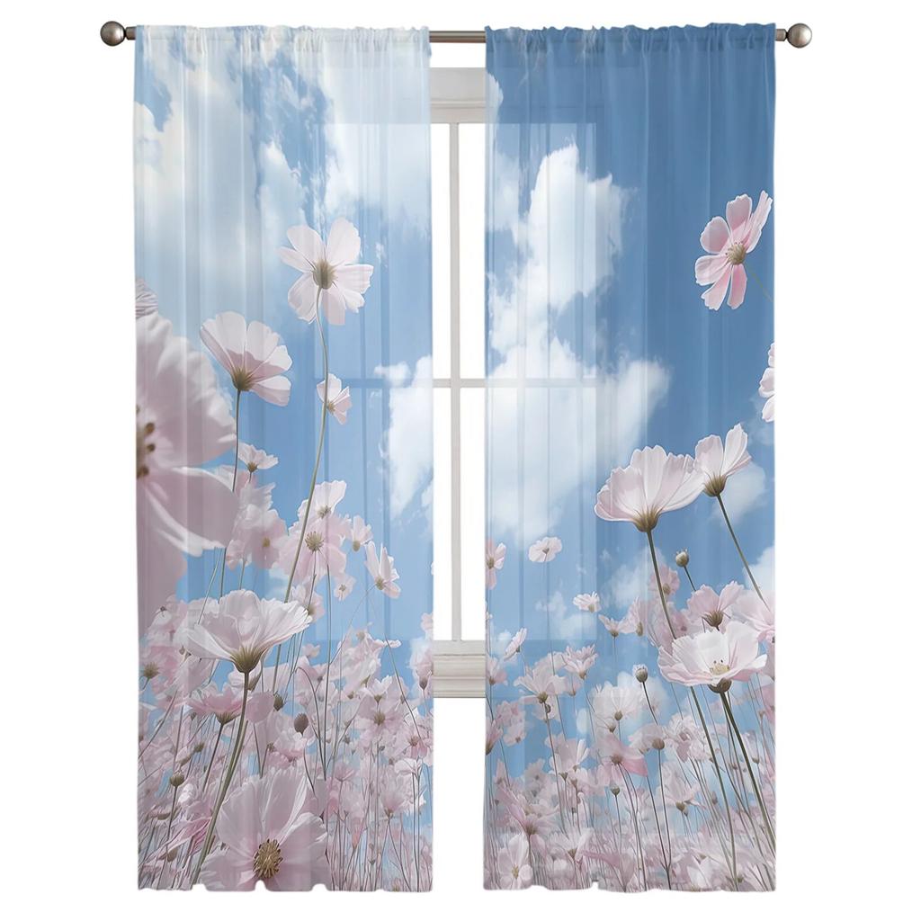 Blue Sky Clouds Flowers Sheer Curtains For Living Room Bedroom Tulle Curtain For Kitchen Voile Curtain Blind Panels