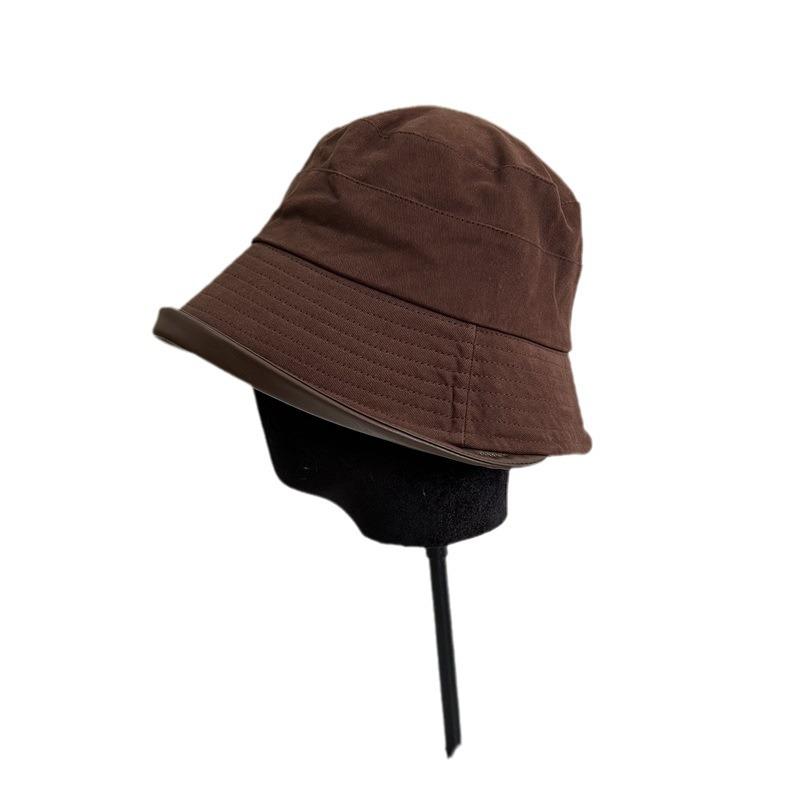 Autumn and Winter Anti-ultraviolet Solid Color Splicing Bucket Hat Thick Cotton Leather Eaves Front Long Rear Short Basin Hat Curling Small Face Hat