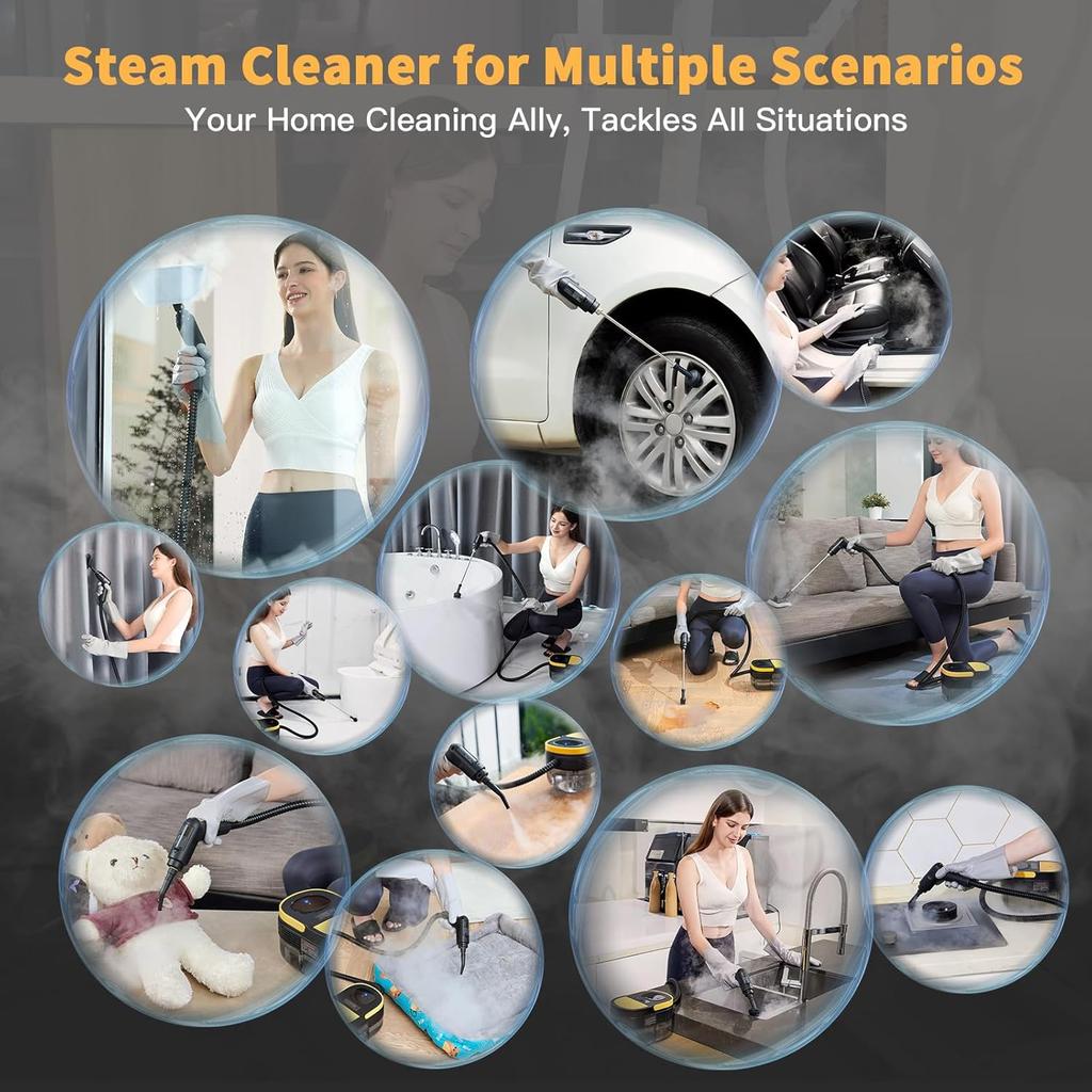 3-Level Adjustable Handle Steam Cleaner, 15s Heat-Up, 1.69 Quarts Tank, Portable Steamer with 11 Accessories for Home, Car, Floor, Couch