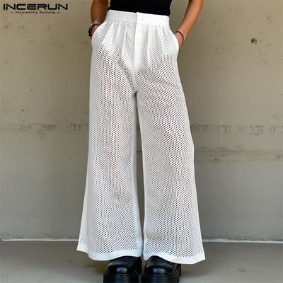 Men Elastic Waist Hollow Out Fishnet Beach Holiday Long Pants Trousers