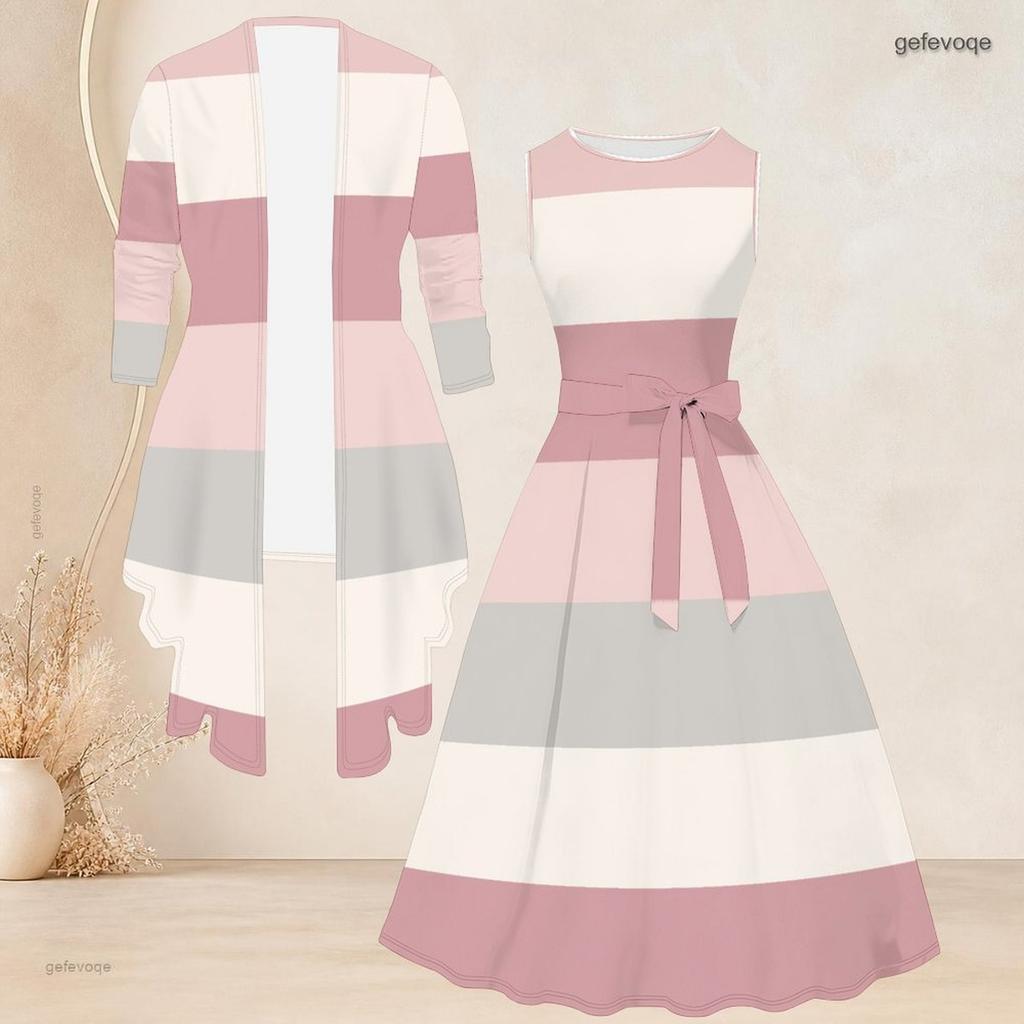 Damski dwuczęściowy zestaw Plus Size z nadrukiem abstrakcyjnej twarzy, kardigan 3/4 z otwartym przodem, bez rękawów, sukienka rozkloszowana z wiązaniem w talii