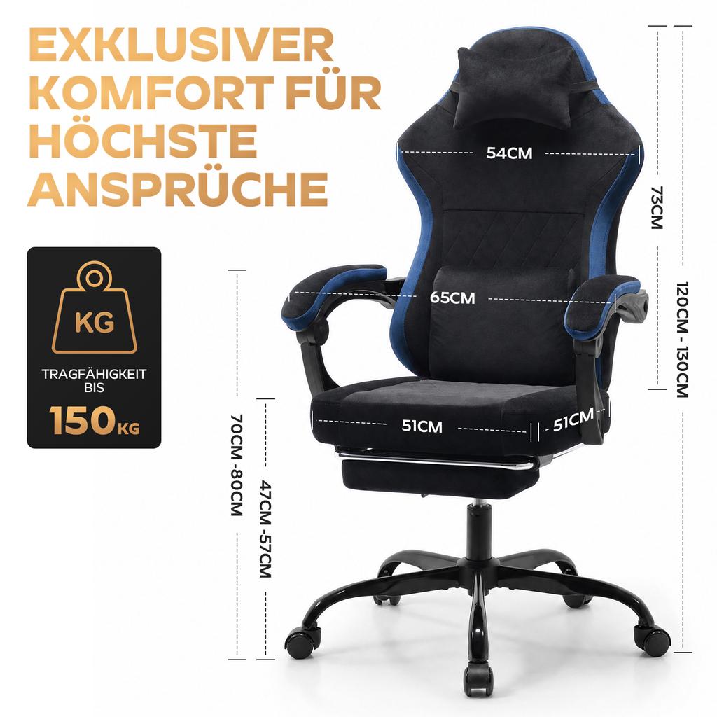 Gaming Chair height-adjustable desk chair with neck cushion & back cushion, PC gaming with 360 degrees and quiet casters, office chair for home office