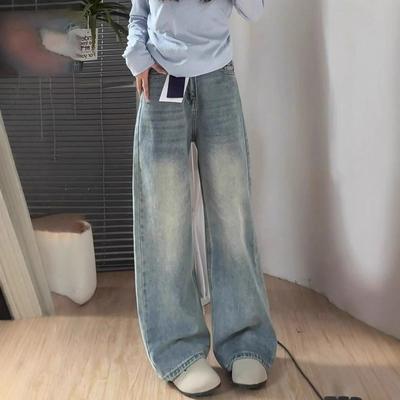 Jasne Szerokie Spodnie Jeansowe Damskie Wiosna-Lato Wysoki Stan Drapowane Figury Gruszki Luźne Proste Spodnie Retro Baggy Długie Jeansy dla Pań