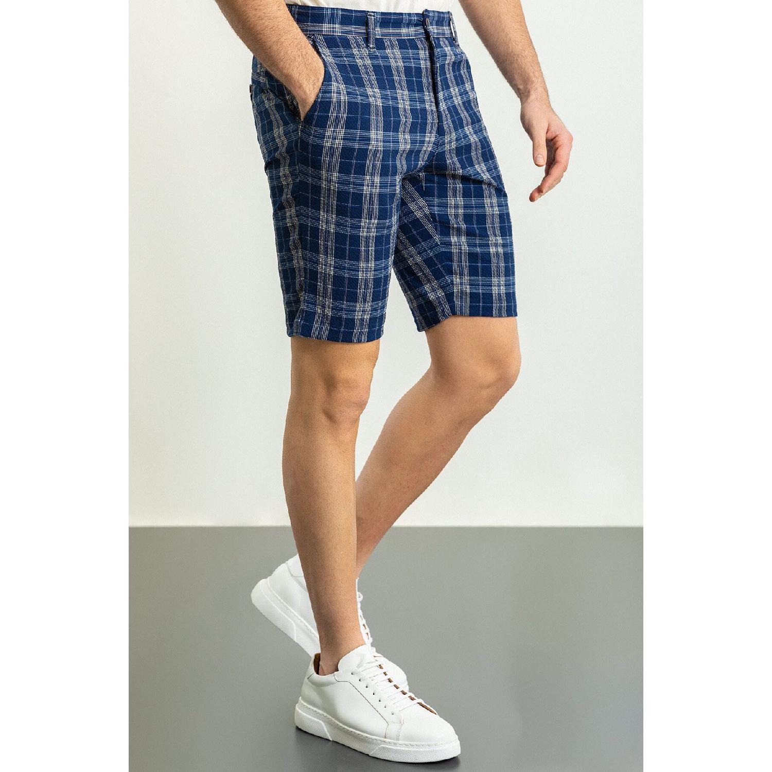 

Plaid Navy Blue Color Super Slim Fit Men s Shorts 31