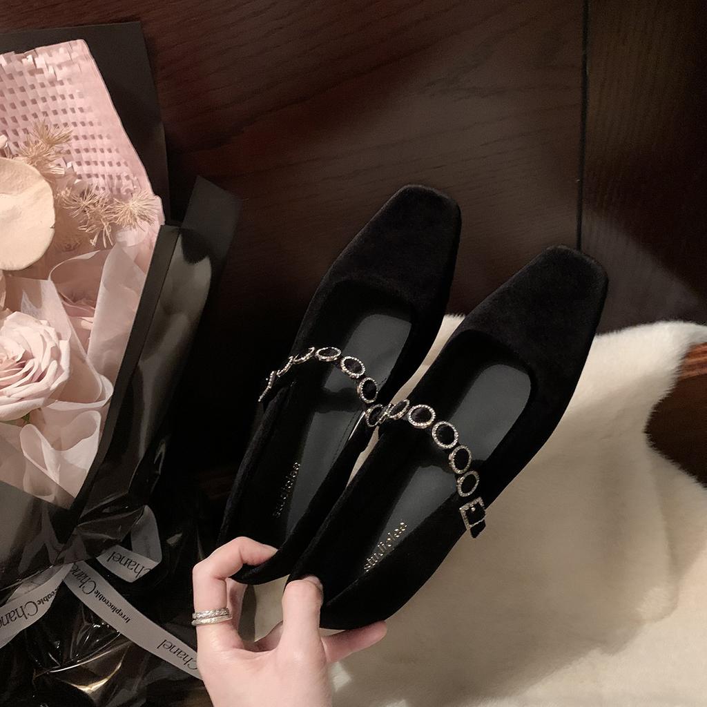 Sheepskin version~ French square head light mouth high heels one-word diamond strap ins low heel versatile Mary Jane shoes single shoes women