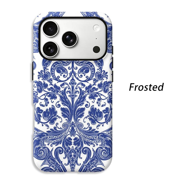 Cobalt Baroque Ornate Pattern Design Art Film Aesthetic Protective Shockproof Bumper Phone Case Cover For iPhone 14 15 16 Pro Max Plus