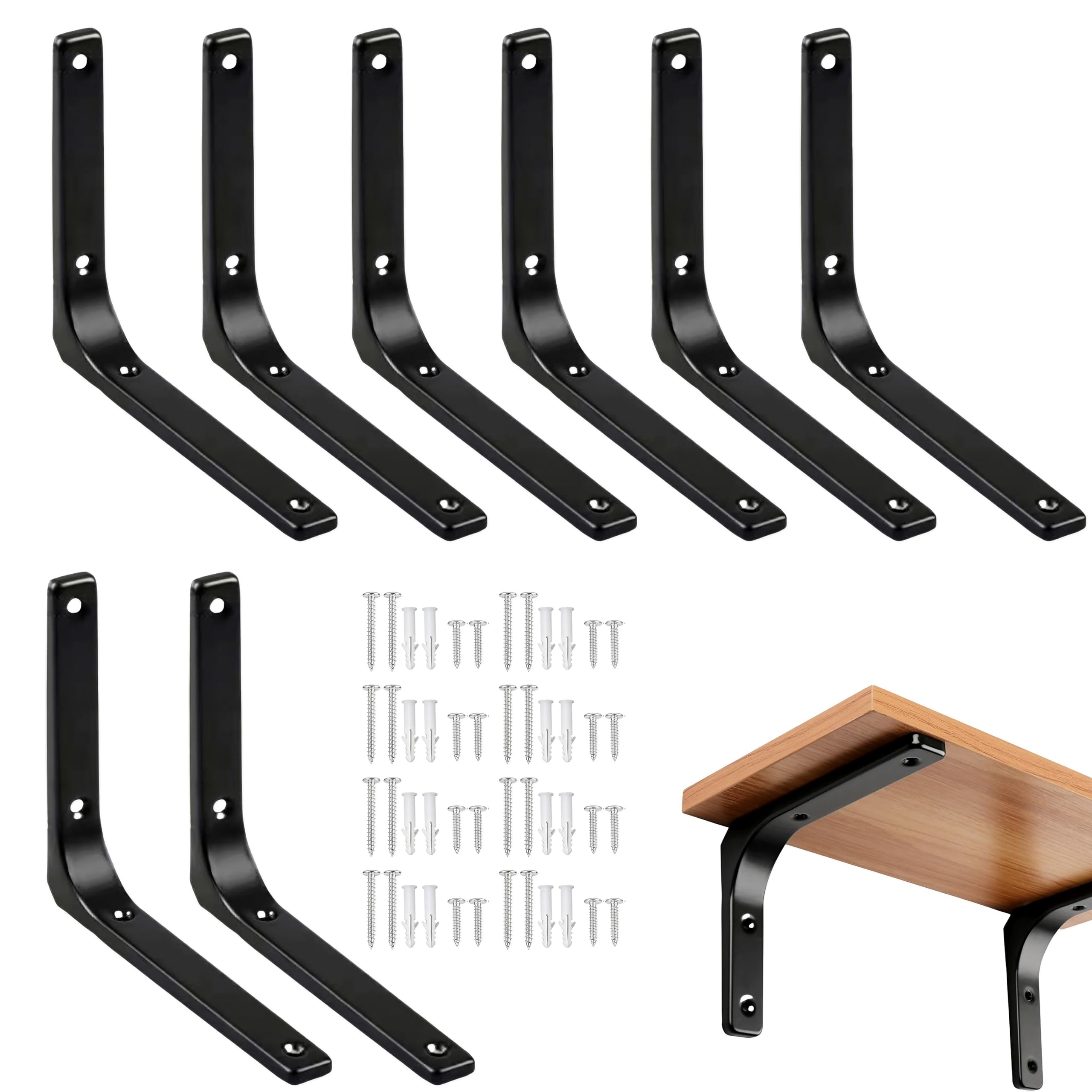 

East Leaf L-Shaped Brackets, L-Shaped Angles, Shelf Brackets, DIY Steel, Black, 150 x 125 x 20mm, Set of 8, Screws Included