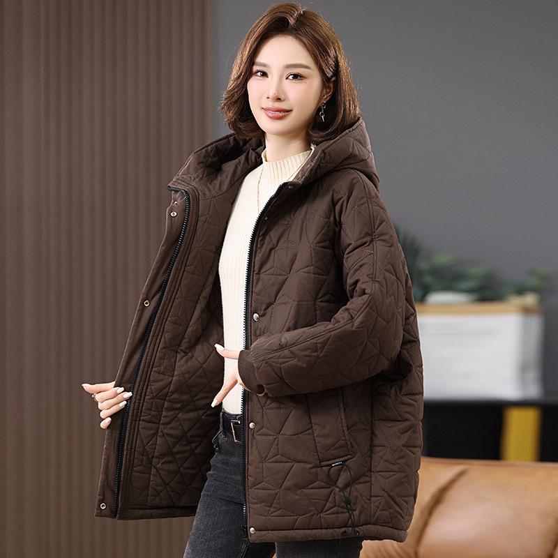 Geacă de bumbac cu glugă pentru femei, lungime medie (Plus Size) - Iarnă 2024 Casual, Cald, Croială Largă pentru Mame de Vârstă Mijlocie
