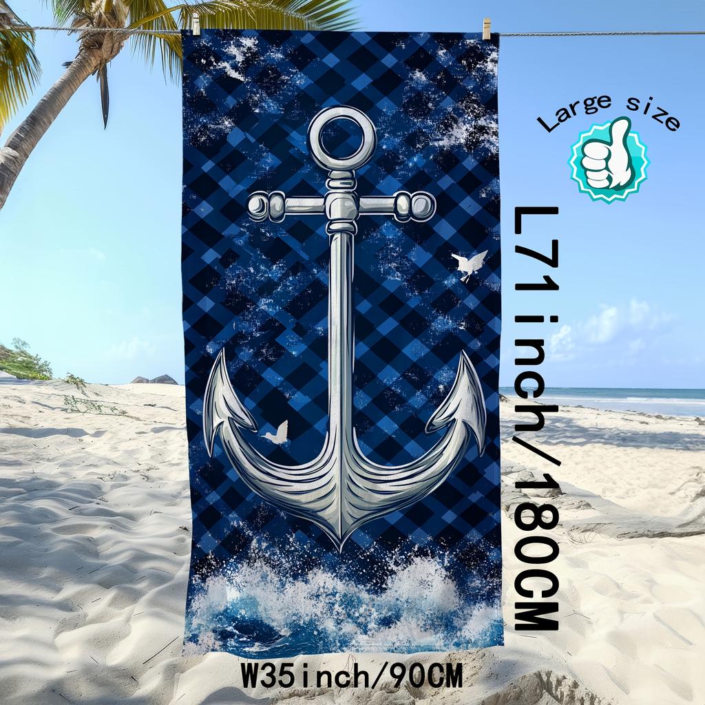 Nautisches Anker Strandtuch Blau karierter Druck Meeres-Themen-Design Schnelltrocknendes Weiches Mikrofaser-Badetuch für Herren Segler Geschenk