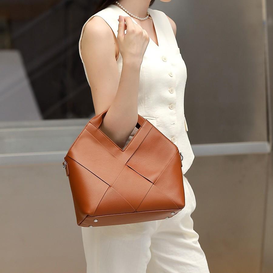 New Foreign Trade Top Layer Cowhide Handbag Inverted Triangle Design Soft Leather Women's Bag Single Shoulder Woven Bag