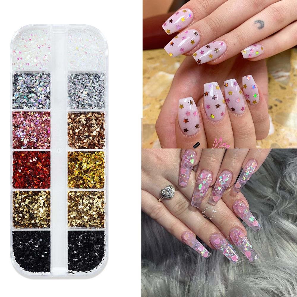 12Grids 3D Mini Heart/Star Nail Glitter Sequins 1mm Holographic Love Pentagram Flakes Sparkling Nail Art Decorations Paillettes