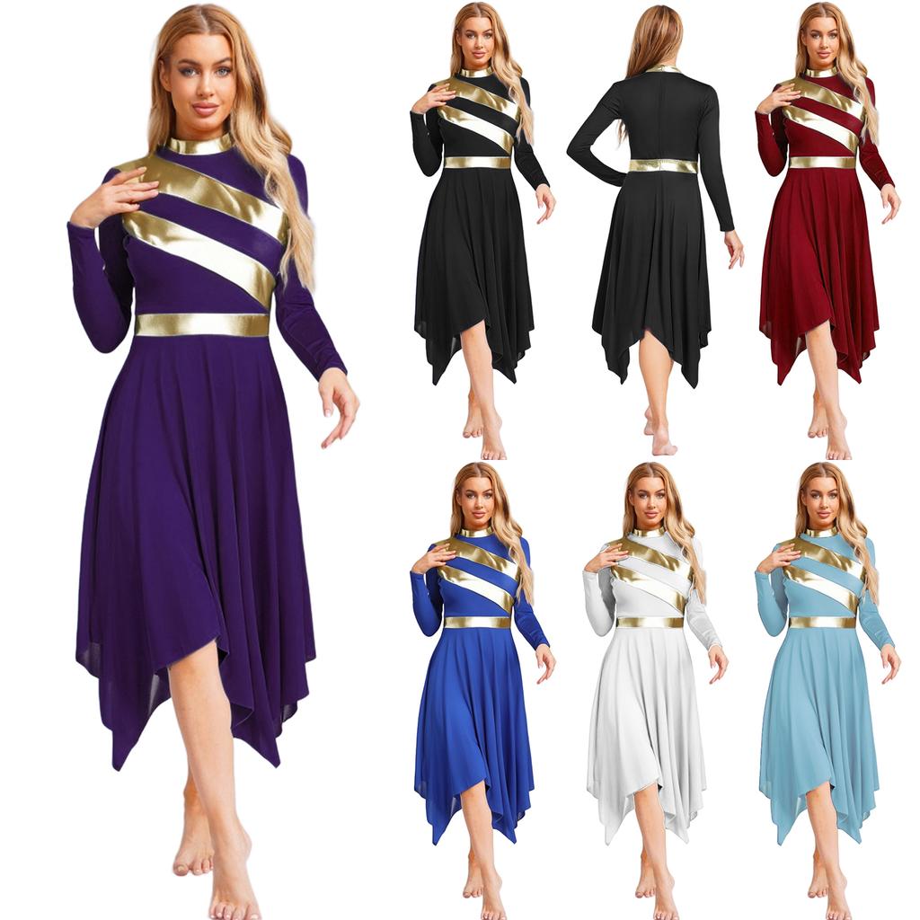 Womens Worship Dance Dress Metallic Patchwork Long Sleeve Irregular Hem Tunic Lyrical Performance Gown