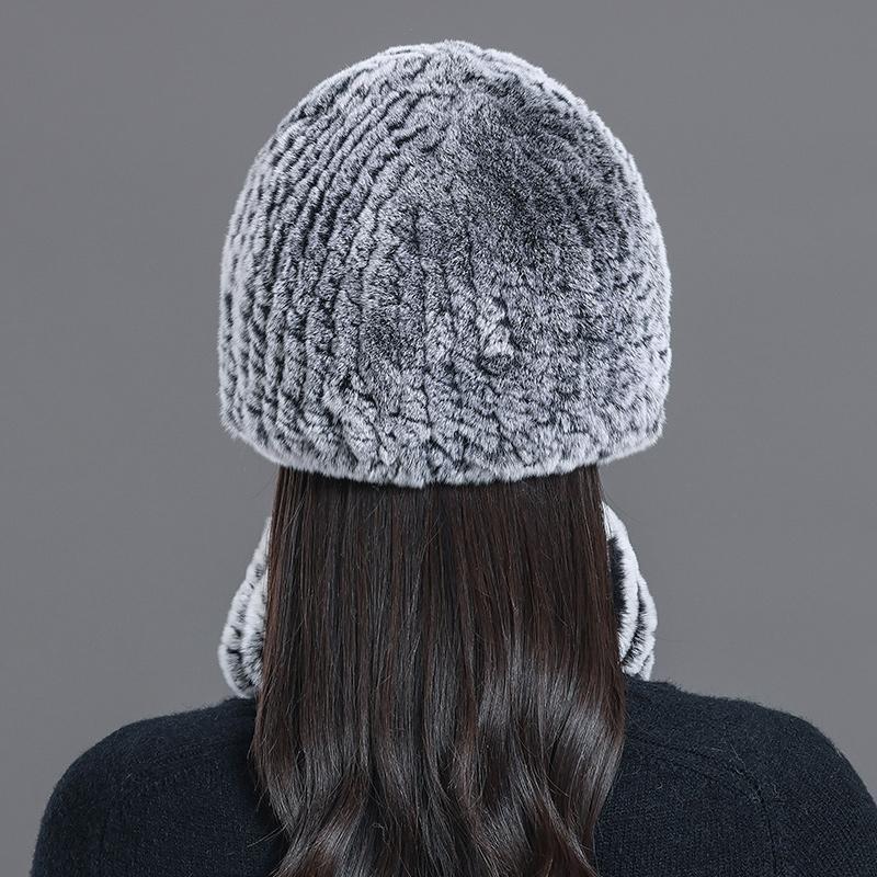 Nová kožušinová čiapka Rex Králik Zimná dámska chodenie odolná proti chladu Teplá čiapka s čiapkou Elastická pletená čiapka z pravej vlny