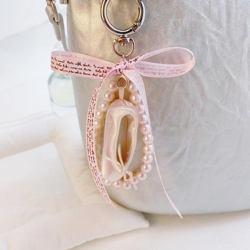 Fashionable Ballet Shoe Keychain Charm with Pearls Ribbon Designs Lovely and Stylish Accessory Portable for Girls