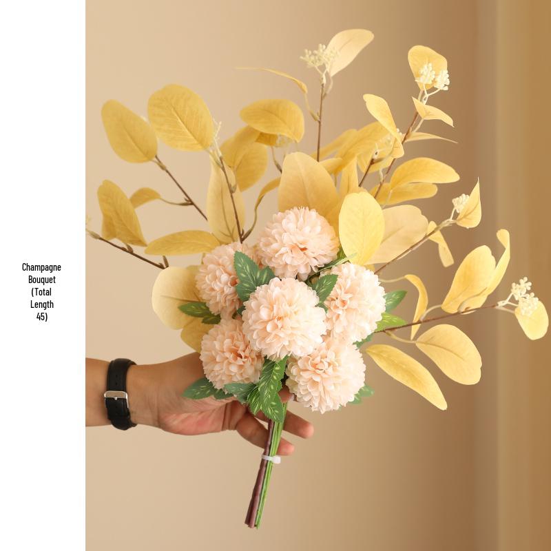 Eucalyptus Ball Chrysanthemum Bouquet in Ceramic Vase - Artificial Dried Flowers for Living Room or Dining Table Decor
