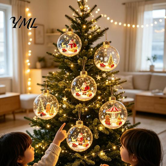 Decorative Hanging Spheres Glowing Christmas Ball Ornaments, Light-Up with Mini Holiday Scene, Acrylic Clear Decorations Tree Decor Warm LED Light for