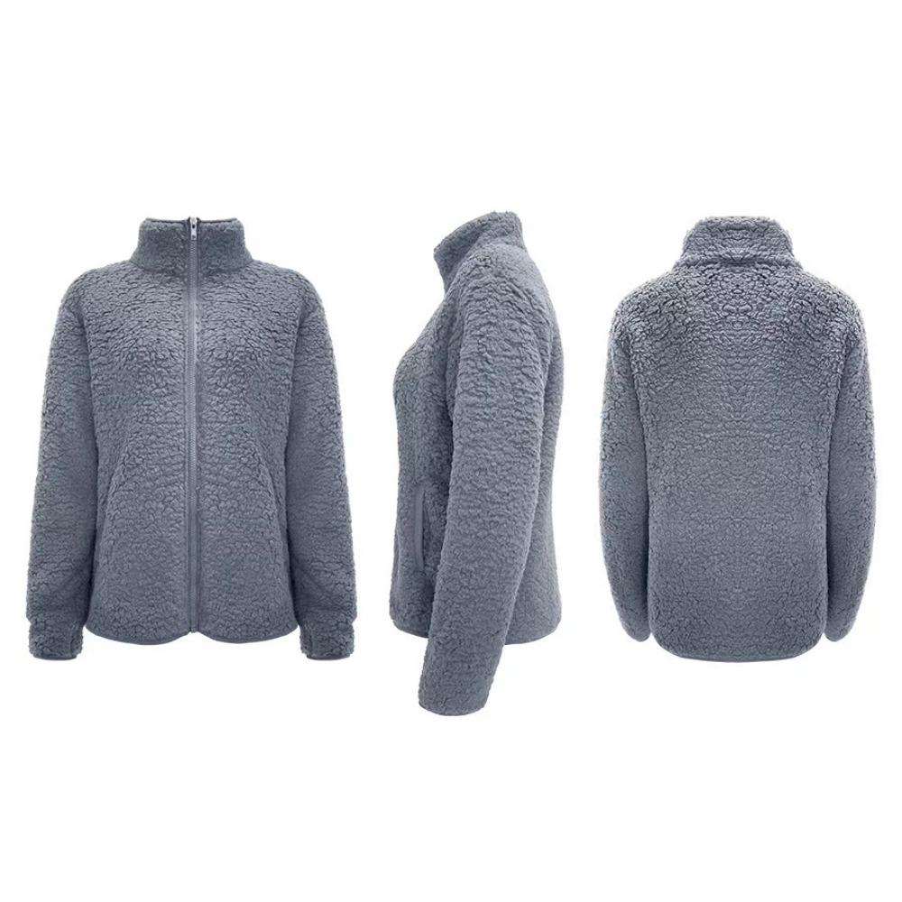 Stand Collar Solid Color Sweatshirt Women Casual Fashion Long Sleeve Zip Up Bubble Fleece Jacket