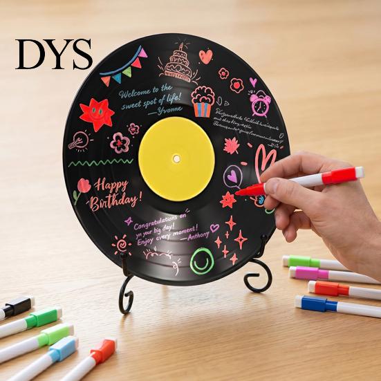 Music Themed Party Decor Vinyl Record DIY Graffiti Clock Ornament, Blank Acrylic Retro Tabletop Wall Hand Painted Art with Stand Reusable Personalized