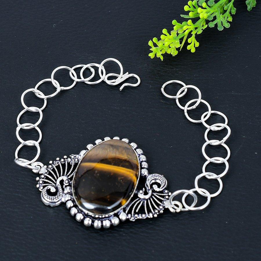 Tiger Eye Gemstone Handmade Ethnic 925 Silver Gift Jewelry Bracelet 7-8" T0D68