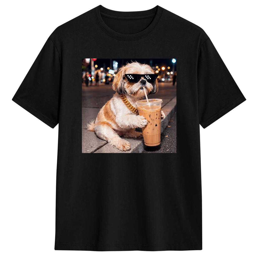 Divertente Shih Tzu che beve caffè freddo Maglietta Estate Cotone Magliette Per Unisex Design Maglietta Manica Corta Y2k Abbigliamento Casual