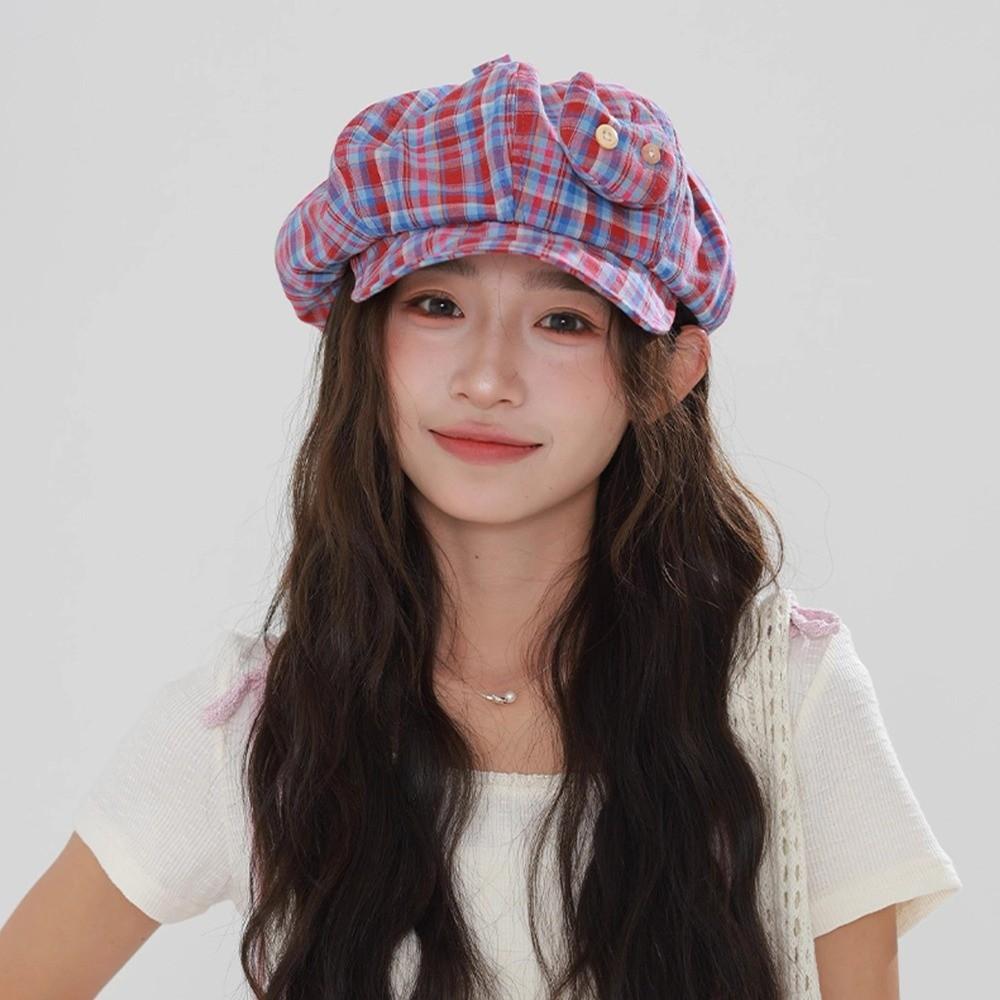 Korean Style Plaid Cloud Berets Short Brim Painter Hat Fashion Japanese Button Hat Girls