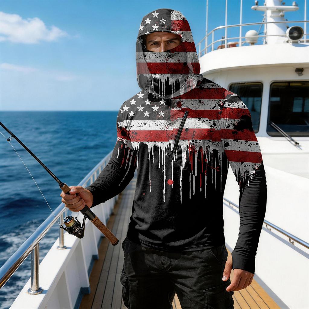 Men’s Casual Long Sleeve Hoodie with Independence Day Print Lightweight Sun Protection Pullover Top with Front Pocket Slash Design