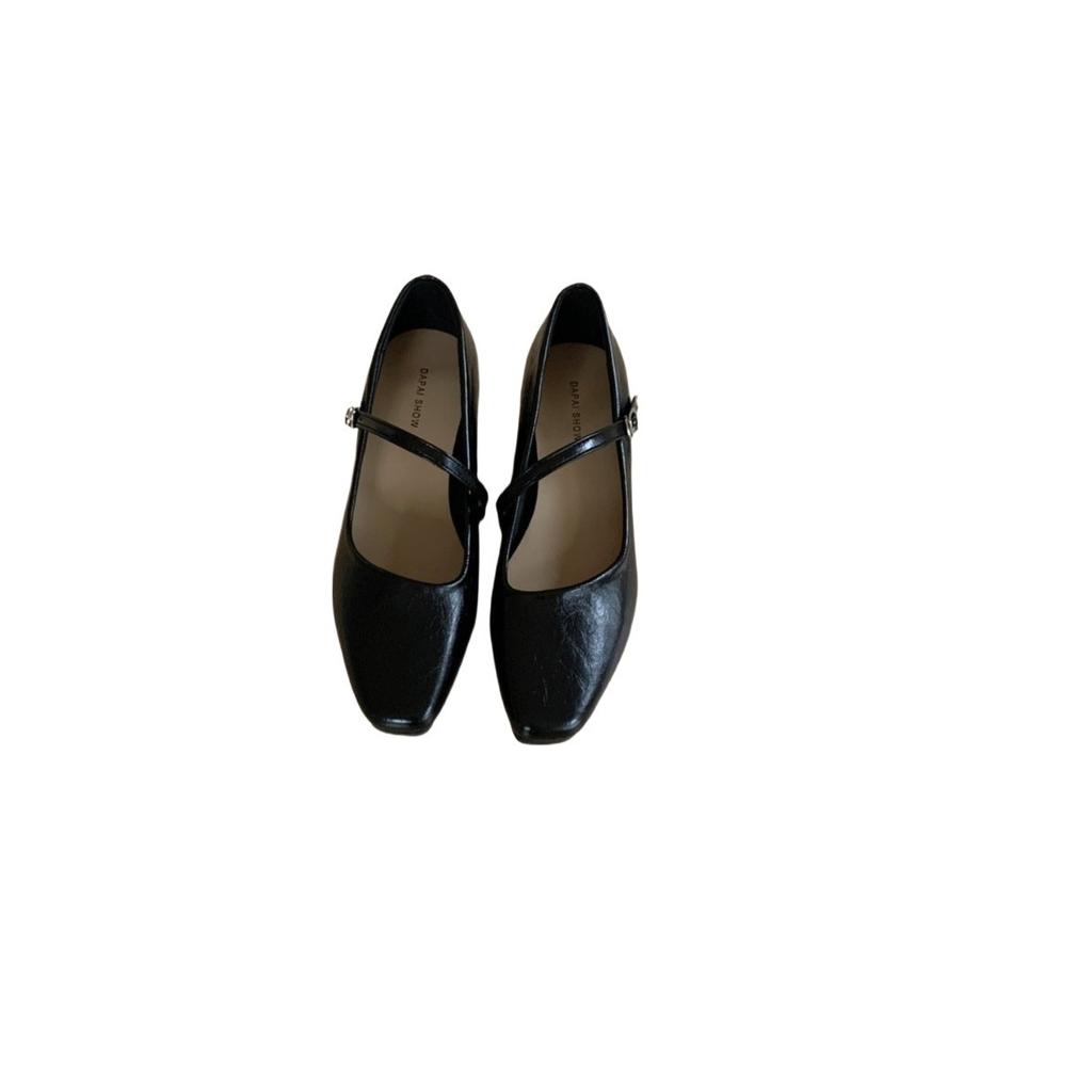 DAPAI SHOW Wedge Heel Retro Shallow Mouth Mary Jane Shoes Women's French One-word Buckle Strap Square Head Single Shoes Versatile Shoes Women