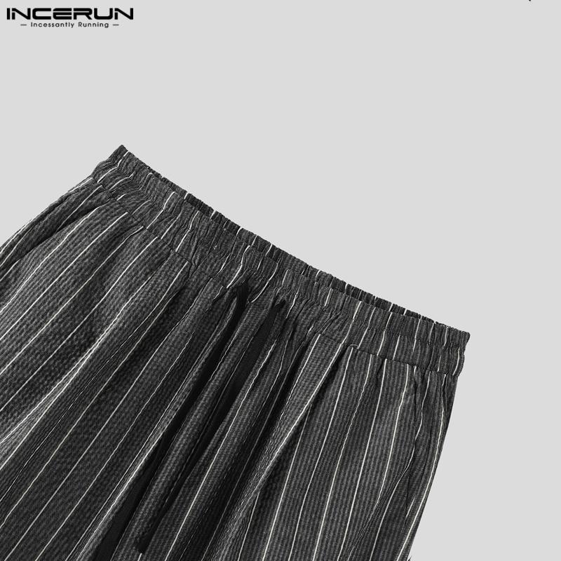 INCERUN Men Drawstring Casual Loose Elastic Waist Striped Wide Legs Pants Long Trousers