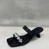 Women's shoes 2025 summer new fashion temperament black small high heel one-word slippers square head open-toed rhinestone sandals