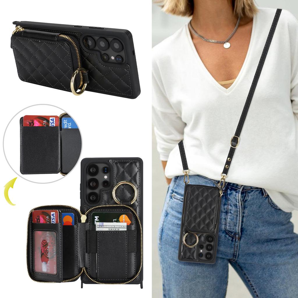 For Samsung Galaxy S25 Ultra Case Ring Holder Zipper Pocket Kickstand Leather Back Phone Cover with Shoulder Strap
