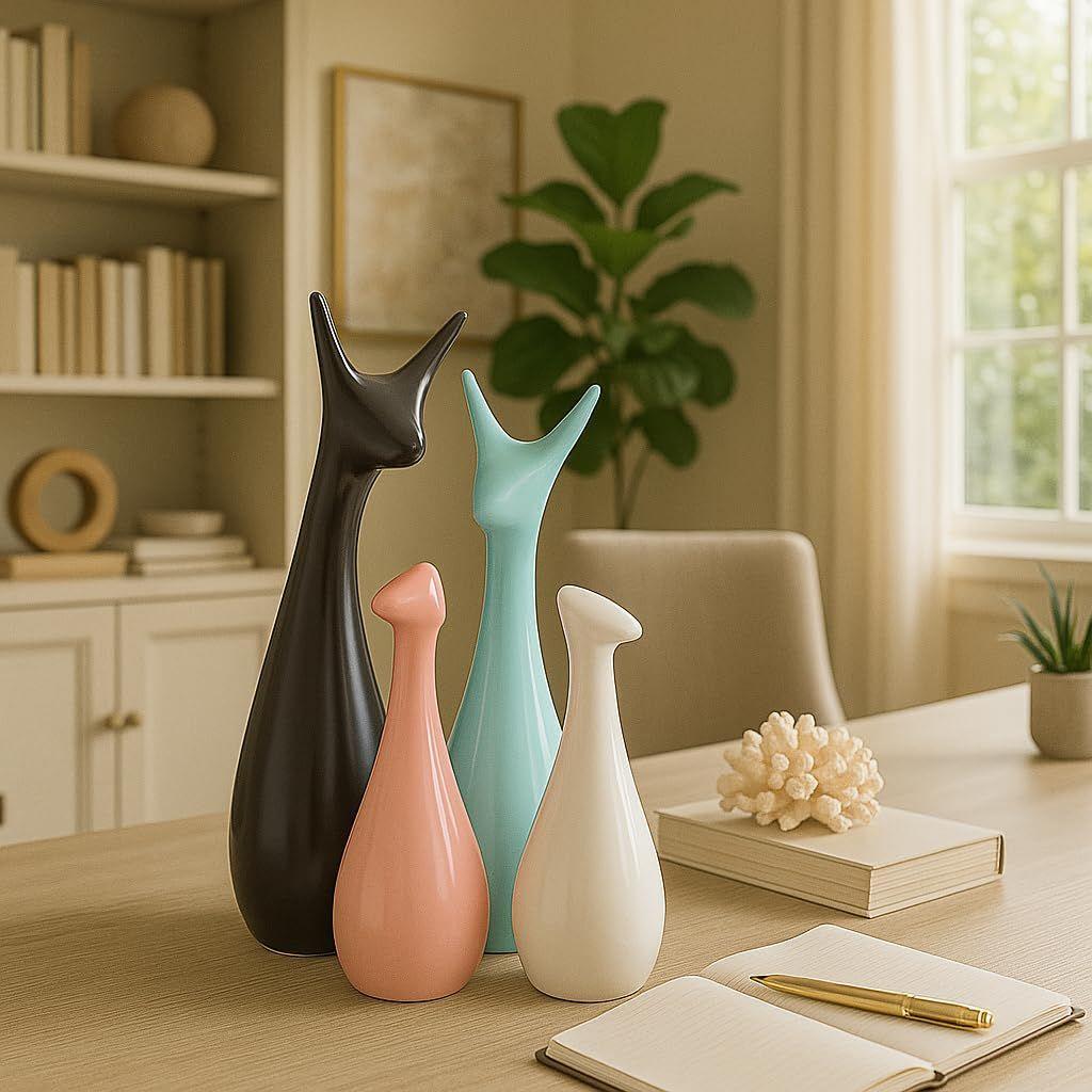 Home Decor Lucky Deer Family Matte Finish Ceramic Figures- (Set of 4, Sky, Brown, Pink, Off-White)