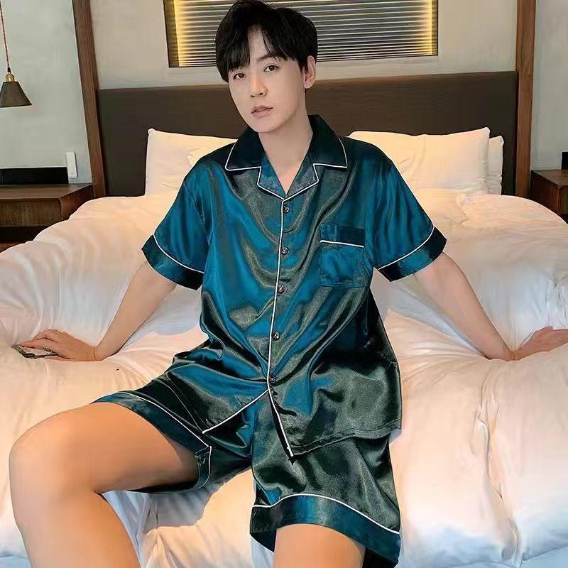 2025 Spring Men's Solid Color Ice Silk Cardigan Pajama Set - Short Sleeve & Shorts