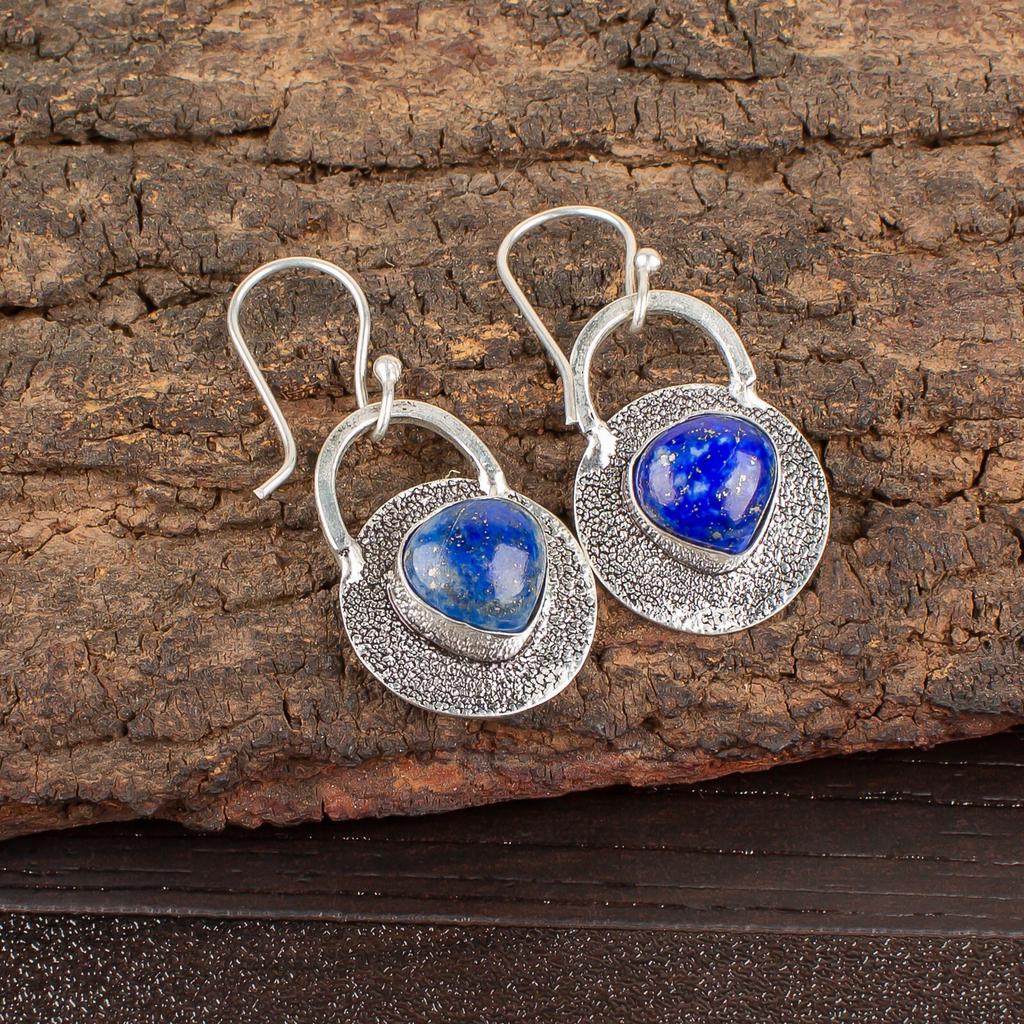 Natural Lapis Lazuli Gemstone 925 Sterling Silver Handmade Dangle Earrings 1.30" EE-63-24