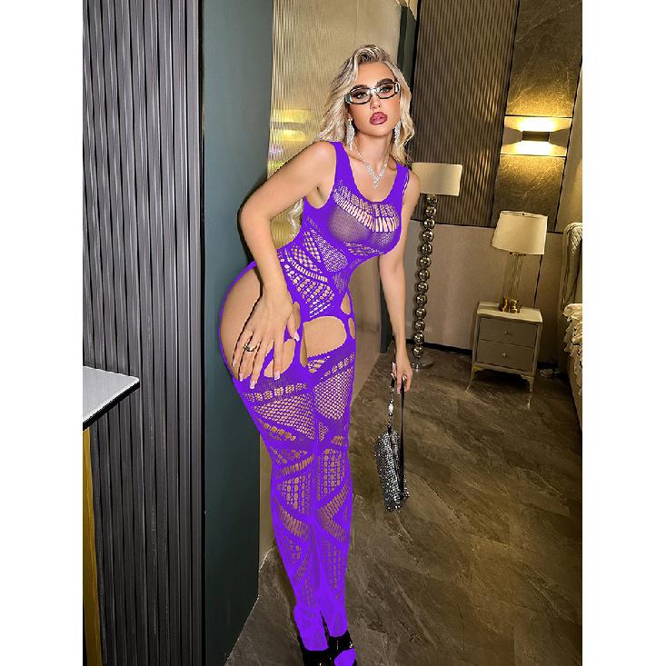 Sexy Lingerie Open Crotch Strap Halter Neck See-through Stockings One-piece Silk Stockings Women Hollow Out One-piece Tight-fitting Fishnet Dress