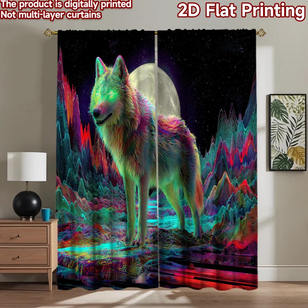 2D flat printing 2pcs Window Drapes Cyberpunk Wolf Neon SciFi Animal Digital Printed Polyester Drapes Holiday Decorations for 100×220
