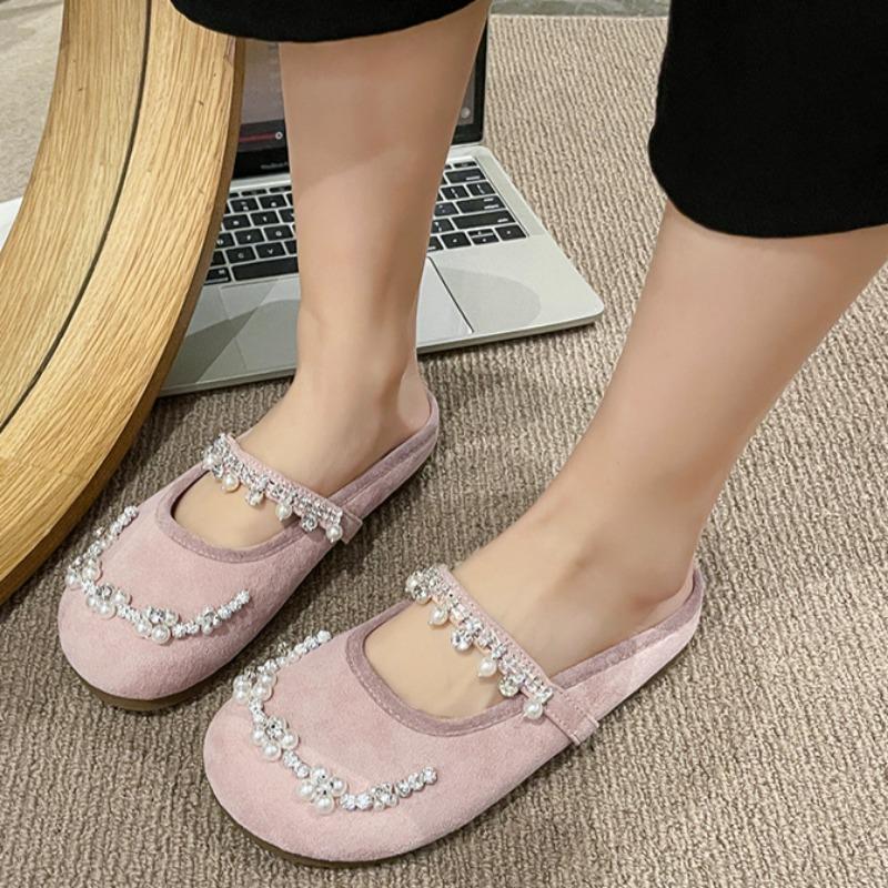 Mode Baotou Platte Schoenen Dames Mode Ronde Neus Lage Instap Fluwelen Strass Kralen Zachte Zool Antislip Pantoffels